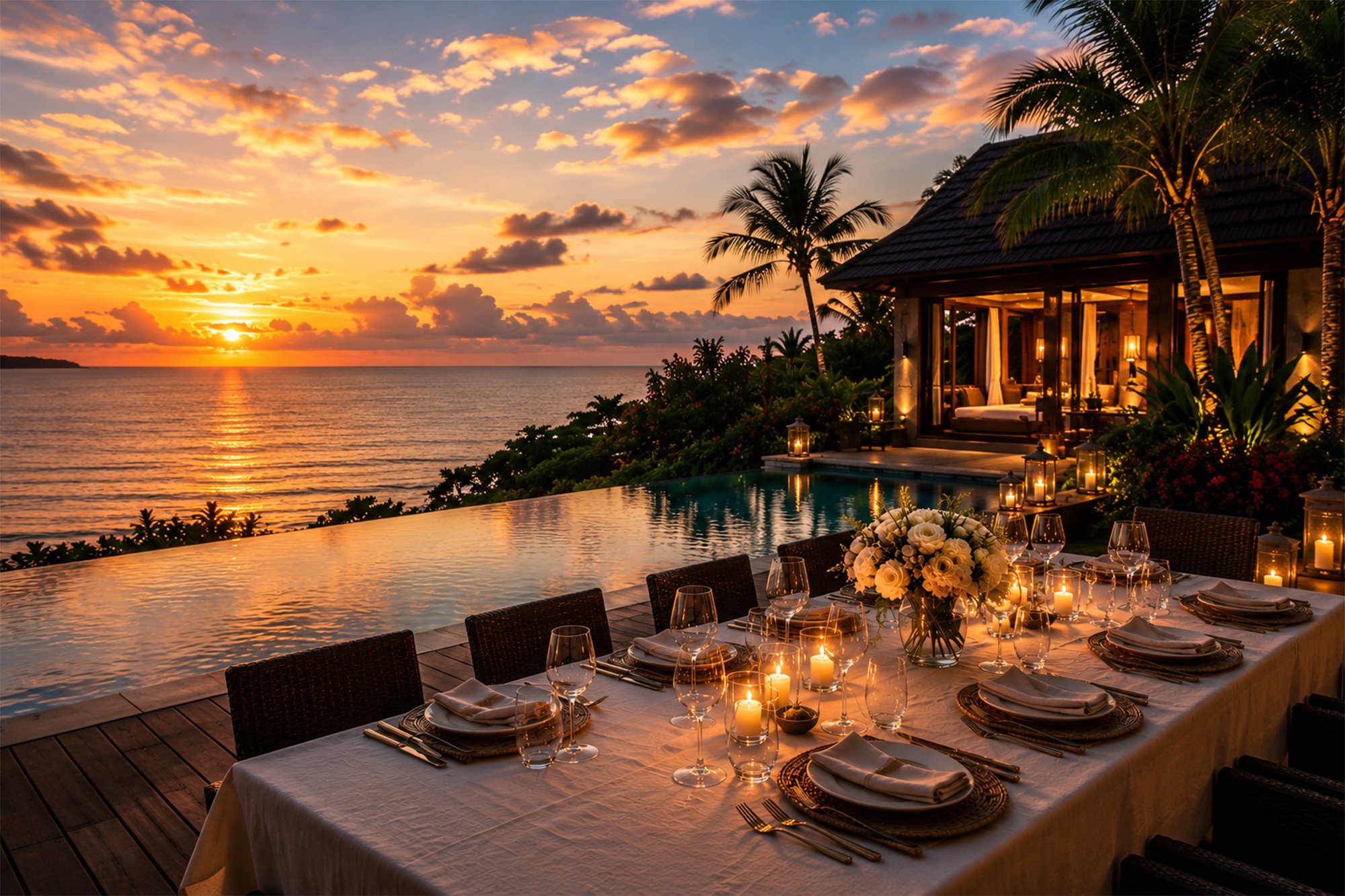 Private chef dinner at sunset in a Bali villa